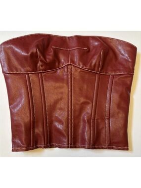 Edikted Red Faux Leather Corset Top XS Strapless Lace Up Back Y2K